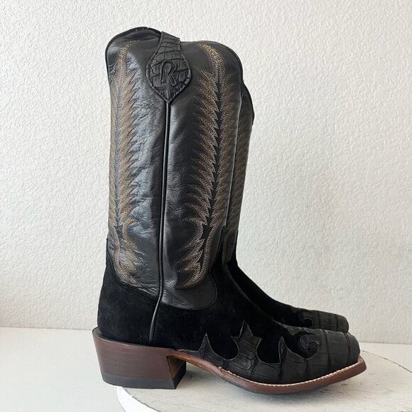 NEW Rod Patrick  Womens Cowboy Boots 7.5E Black Caiman Suede Western Blunt Toe - Picture 2 of 13